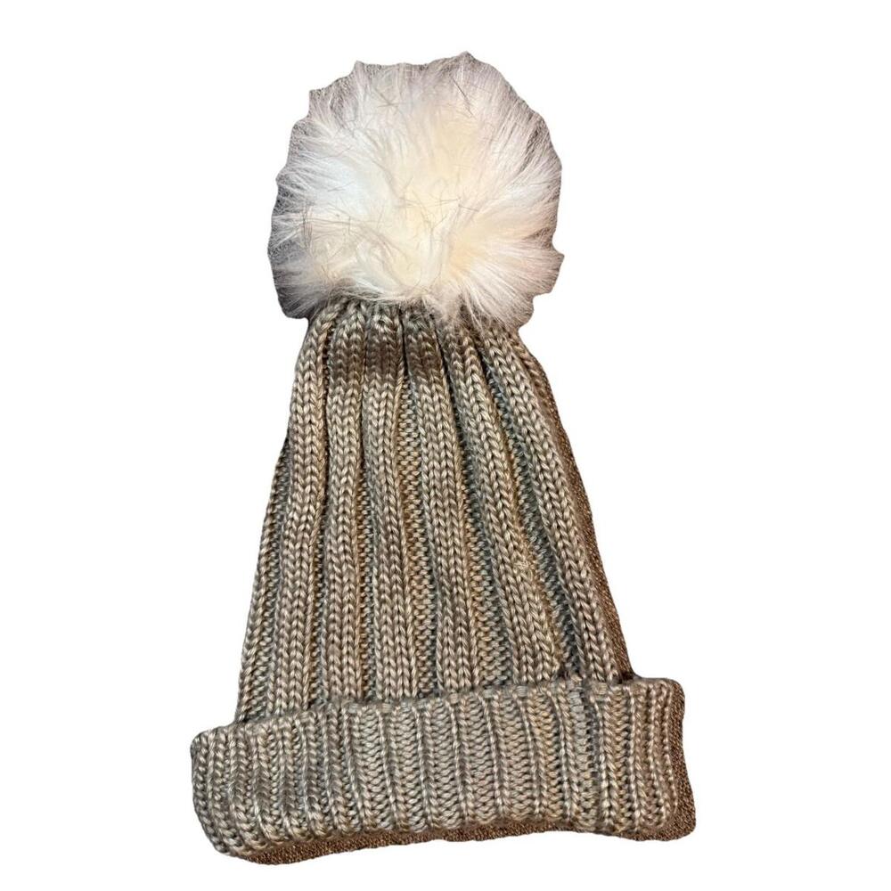 BCBGeneration Gray Knit Beanie Faux Fur Pom Pom Solid Winter Hat